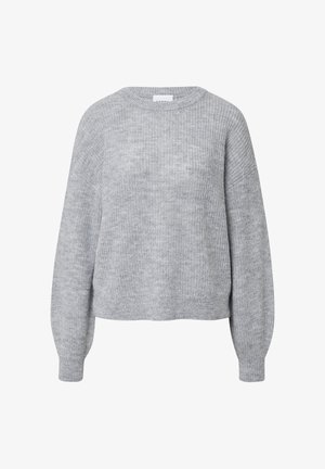 Hellegrauer gestrickter Pullover mit rundem Ausschnitt, überschnittenen Schultern und langen Ärmeln. Hat eine weiche Textur und einen lässigen Schnitt.