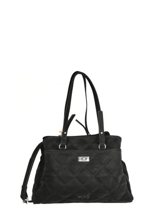Bolso tote acolchado negro con dos asas superiores y correa de hombro ajustable. Presenta un detalle de herrajes en tono plateado y un acabado texturizado.
