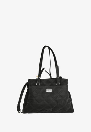 Bolso tote acolchado negro con dos asas superiores y correa de hombro ajustable. Presenta un detalle de herrajes en tono plateado y un acabado texturizado.