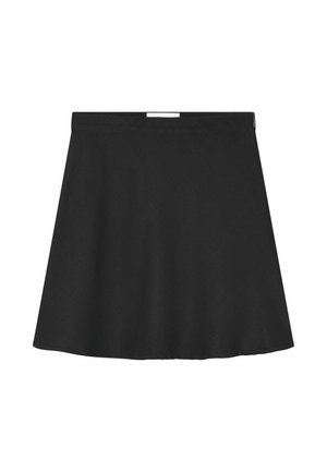 Black A-line skirt made from a textured material. Flared shape with a wide waistband and no visible hardware or patterns.