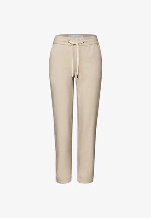 Beżowe spodnie casual z elastycznym pasem i sznurkiem, proste, do kostek, wykonane z miękkiego materiału.