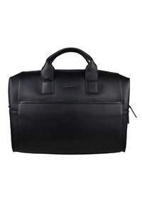Schwarze Leder-Reisetasche mit abgerundetem Design, doppelten Griffen und kontrastierendem Nähen. Verfügt über eine Reißverschlusstasche an der Seite.