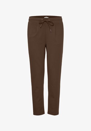 Barna szabadidőnadrág húzózsinóros derékrésszel, két első zsebbel, szűk szabású, puha, rugalmas anyagból készült, sima textúrájú.