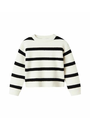 Maglione bianco a coste con ampie righe orizzontali nere e maniche lunghe.