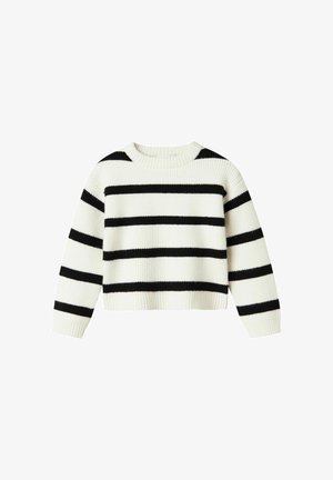 Pull en tricot blanc à côtes avec de larges rayures horizontales noires et des manches longues.