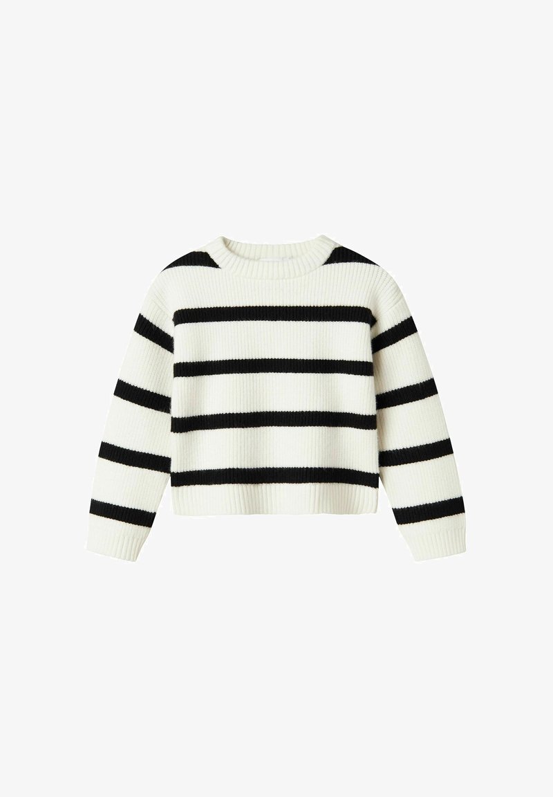 Maglione bianco a coste con ampie righe orizzontali nere e maniche lunghe.