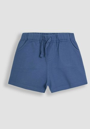 Blauwe katoenen shorts met een elastische tailleband, trekkoord en twee steekzakken. Platte naden en een soepele textuur.
