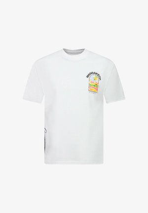 Wit T-shirt met korte mouwen met een kleine kleurrijke Marrakech-print en tekst aan de bovenlinkerkant van de borst.