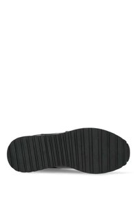 Black rubber shoe sole with ridged texture and rounded edges. Features traction grooves for grip and durability.