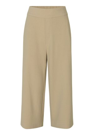 Beige wide-leg trousers with a smooth, stretchy waistband, designed in a lightweight fabric, featuring a relaxed fit and no visible hardware.