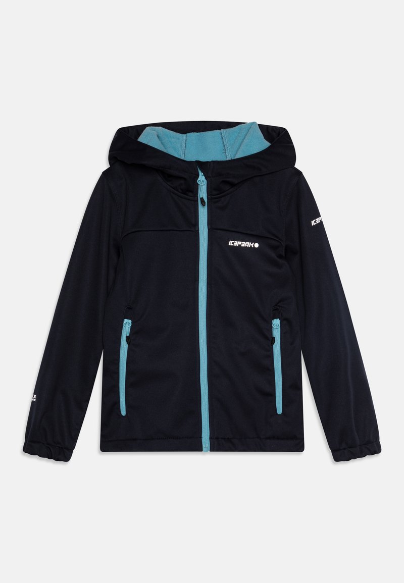 Marineblaue Jacke mit türkisfarbenem Futter und Reißverschluss in der Kapuze, ausgestattet mit zwei Reißverschlusstaschen vorne und einem Logodetail auf der Brust und den Ärmeln.