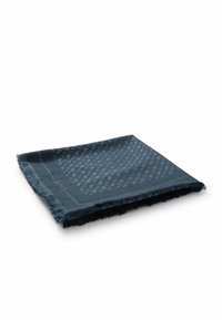 Navy blue scarf featuring a geometric pattern, fringed edges, and soft texture; logo in corner adds detail.