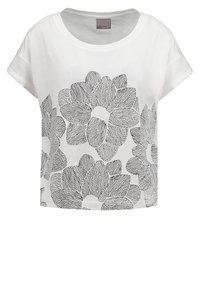 Hvid bomulds T-shirt med en løs pasform, prydet med sorte, tegnet blomster mønstre. Korte ærmer og en bred halsudskæring fuldender designet.