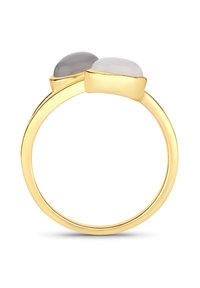 Goldring mit zwei glatten Edelsteinen, einem grauen und einem klaren. Das Band ist einfach und rund, was die Formen der Edelsteine betont.