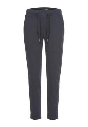 Dark gray slim-fit sweatpants with elastic waistband and black drawstrings, featuring side pockets, displayed on white background.
