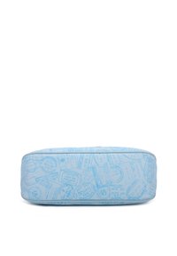 Busta rettangolare blu con motivo a timbro, superficie testurizzata, chiusura con zip e bordi arrotondati. Dimensioni adatte per viaggiare o per riporre oggetti.
