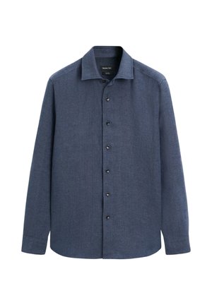 Herenoverhemd met lange mouwen in donkerblauw, met kraag, eenvoudig ontwerp en zichtbare knopen aan de voorkant, weergegeven op een witte achtergrond.