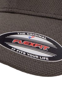 Grijze textuur pet met een gebogen klep. Bevat een zwart ovaal logo met rode en blauwe accenten met de tekst "DE ORIGINELE FLEXFIT HET PAST IN JOUW LEVEN."