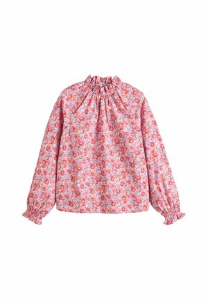 Floral blouse with a gathered neckline and cuffs, featuring a pink background with red and purple flowers, made from lightweight fabric.