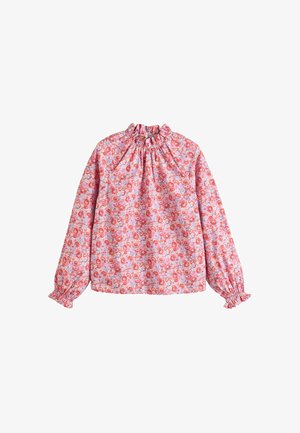 Gėlių bluzonė su susiraukšlėtu kaklu ir rankogaliais, su rausvu fonu ir raudonomis bei violetinėmis gėlėmis, pagaminta iš lengvos medžiagos.