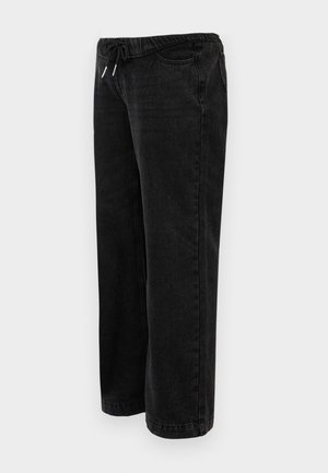 Calças de denim pretas com um corte descontraído, apresentando uma cintura elástica com cordão, bolsos laterais e pernas retas.