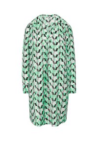 Langarmshirt aus leichtem Stoff mit einem geometrischen Muster in Grün, Schwarz und Weiß. Besonderheiten sind der Kragen und die knöpfbare Vorderseite.