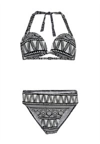 Ensemble de bikini noir et blanc présentant un haut à encolure halter avec des motifs géométriques, des bonnets moulés et un bas assorti avec des designs similaires.