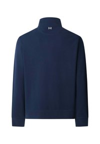 Maglione blu navy con collo alto, realizzato in tessuto liscio. Caratterizzato da polsini a costine e un piccolo logo sul retro del collo.