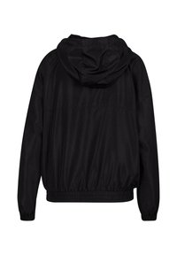 Zwarte windbreaker jas met een capuchon, elastische manchetten en eenGathered zoom. Zacht, glad materiaal met een lichtgewicht ontwerp.