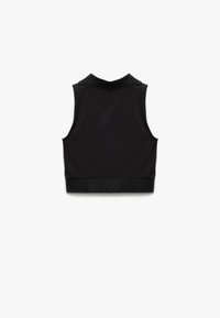 Top corto negro sin mangas con un cuello alto y una cintura ajustada, mostrado desde atrás sobre un fondo blanco.