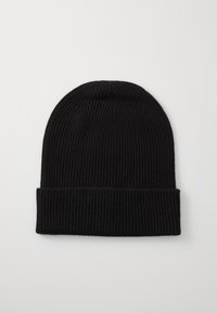 Black knit beanie made of ribbed fabric, featuring a folded cuff and a rounded top for a snug fit. Measures approximately 25 cm in height.