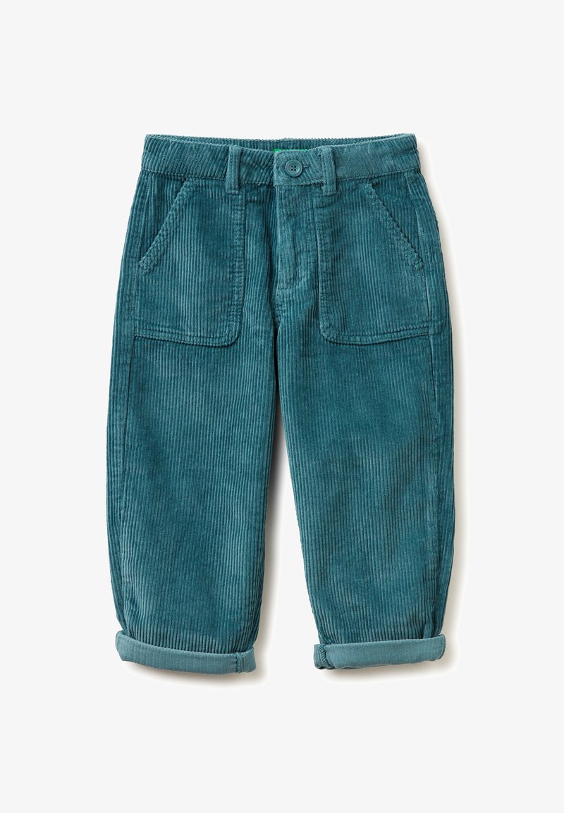 Tyrkysové kordové kalhoty s ribovanou texturou, se zapínáním na knoflík, dvěma předními kapsami a ohrnutými lemy na kotnících.