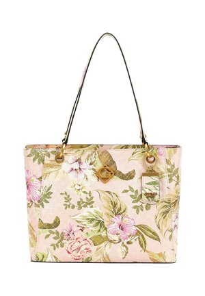 Beige tote-taske med blomstermønster, grønne og pink blade, gulddetaljer, en lang sort rem og en fastgjort mærkeseddel.