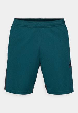 Teal sportieve shorts met een zwart zijpaneel, elastische tailleband en het Adidas-logo aan de onderzijde aan de rechterkant. Gemaakt van gladde, lichte stof.
