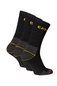 Zwarte sokkenpakket met versterkte boorden, grijze accentstrepen, gele stiksels en CAT-logo, gemaakt van duurzaam gestructureerd stof.