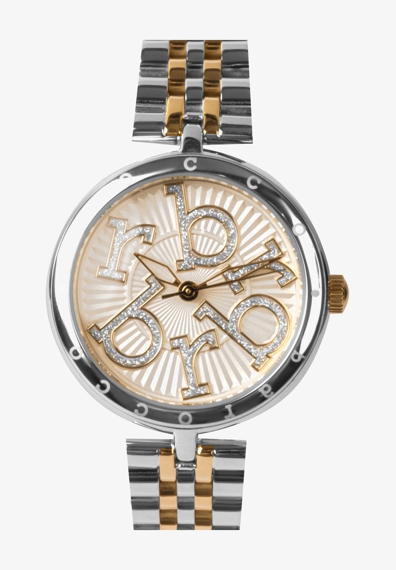 Okra zegarek z złotą i srebrną stali nierdzewnej bransoletą. Kremowa tarcza z dużymi srebrnymi literami i błyszczącymi akcentami. Wysokiej jakości teksturowane tło.