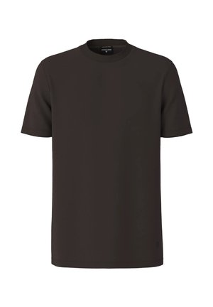 Schlichtes schwarzes Kurzarm-T-Shirt mit Rundhalsausschnitt und einem kleinen Nackenlabel mit dem Markennamen Strellson.