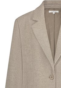 Beige herringbone blazer met dichte revers, enkele knoopsluiting en een gestructureerde stof. Voering bevat een gladde, neutrale kleur.