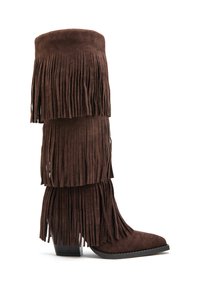 Bottes knee-high en daim marron avec des franges superposées, bout pointu et talon bloc. Présente une surface texturée et une finition douce.