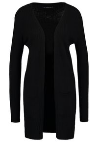 Schwarze Strickjacke aus Rippstoff, mit offener Vorderseite, langen Ärmeln und zwei Fronttaschen. Schlichtes Design ohne Muster.
