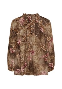 Brun bluse med blomsterprint, der har en rynket halsudskæring, lange ærmer og et let, gennemsigtigt stof med lyserøde og cremefarvede blomster.