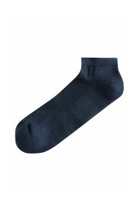 Chaussette de cheville unique bleu foncé avec un bord élastique côtelé et un tricot texturé, isolée sur fond blanc.