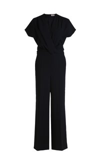 Marineblauer Jumpsuit mit Wickel-Front, kurzen Ärmeln und weit geschnittenen Hosenbeinen. Hergestellt aus glattem Stoff mit einer feinen Textur und einem Reißverschluss im Rücken.