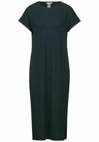 Muumivihreä, polvipituinen mekko, jossa on pyöreä kaula-aukko, lyhyet hihat ja pystyribattu pinta. Mekossa on sivuventtiilit ja löysä istuvuus.