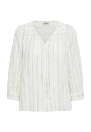 Camicia bianca con bottoni, strisce verticali sottili grigie, maniche lunghe a sbuffo e collo a V.