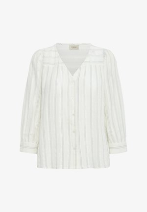 Valge nööpidega särk õhukeste vertikaalsete hallide triipudega, pikad põrksed varrukad ja V-kaelusega krae.