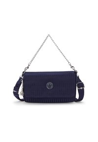 Borsa a tracolla blu navy con tessuto testurizzato, tracolla in catena argentata, emblema del logo e scomparto interno con chiusura a scatto.