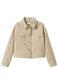 Veste courte beige en tissu texturé, avec un col à revers, une fermeture avant à boutons, deux poches poitrine et des poches fendues sur les côtés.