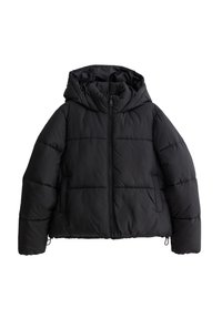 Czarna kurtka puchowa z kapturem, z zamkiem błyskawicznym, elastycznymi mankietami i pikowanym wzorem. Gładki materiał bez widocznych wzorów.
