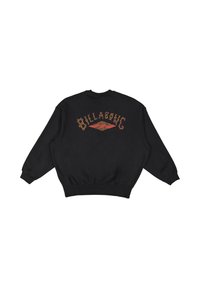 Sudadera negra con cuello redondo y mangas largas. Presenta un gráfico colorido de "Billabong" en la parte posterior, tejido texturizado y puños acanalados.